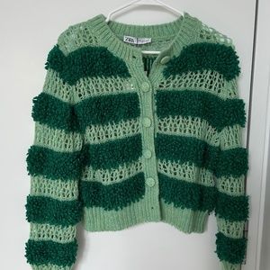 Zara - knit - Green striped cardigan XS